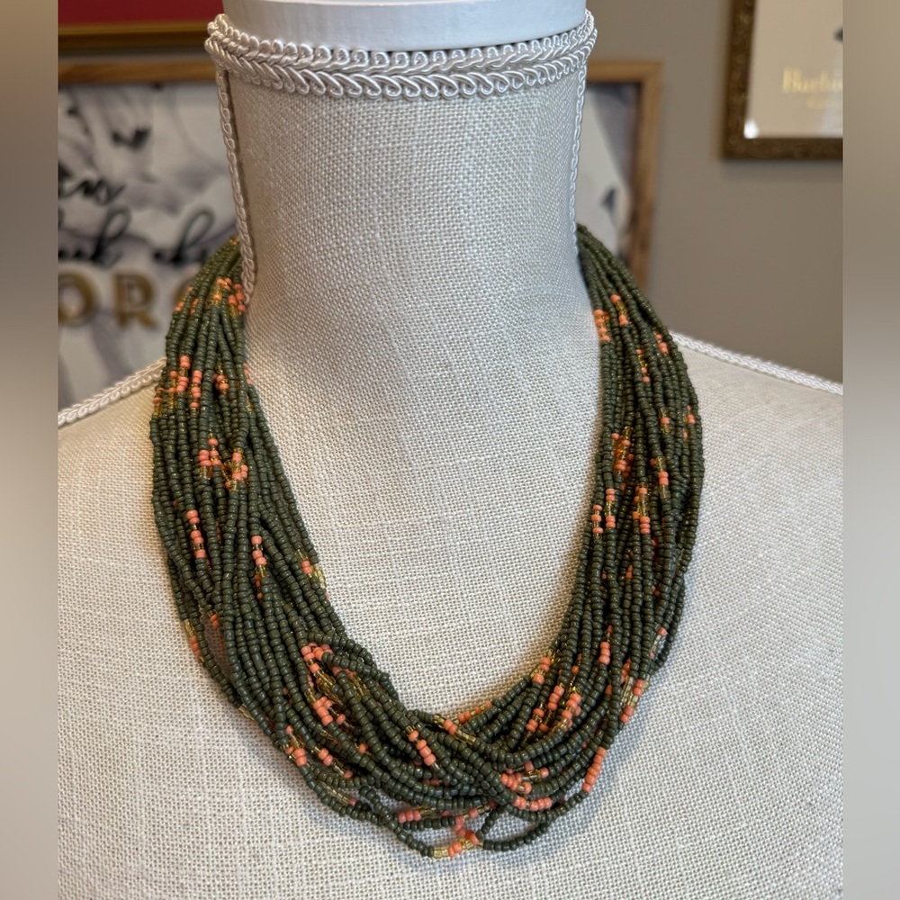 Multi Strand Olive and Peach Beaded Necklace